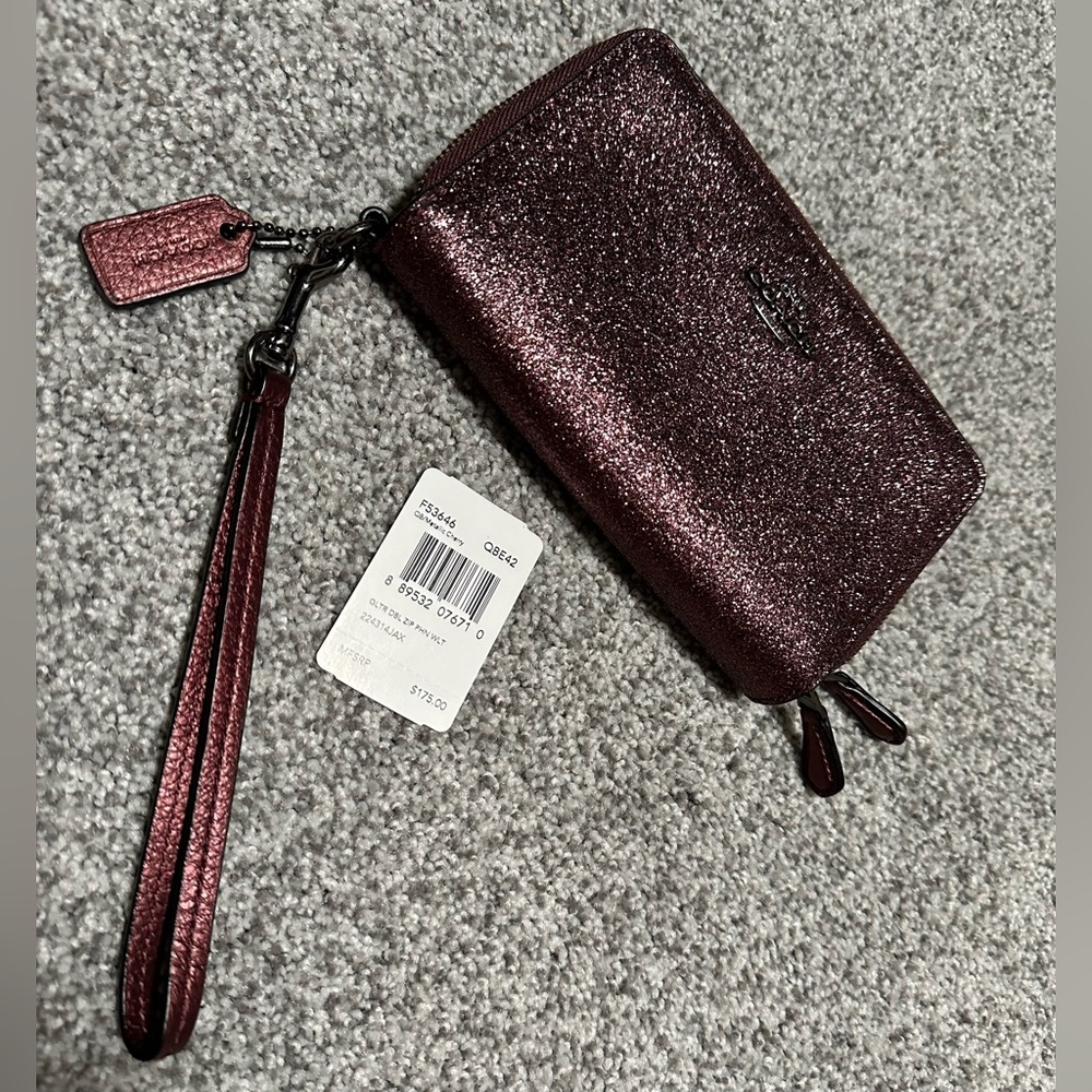 Coach Metallic Cherry Glitter Double Zip Phone Wallet